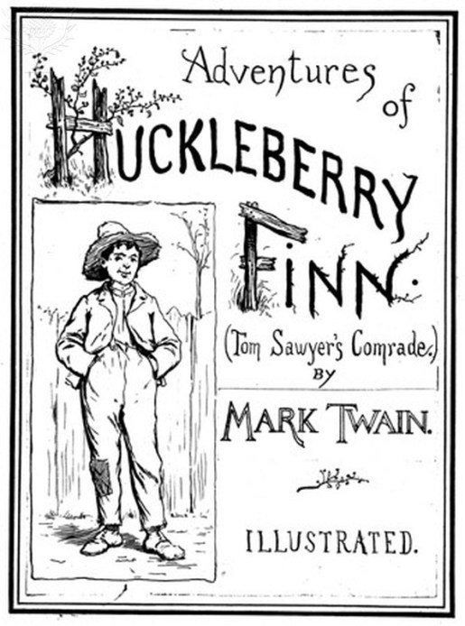 CLEMENS: HUCKLEBERRY FINN.  Cover from the original edition, 1885, with illustrations by E.W. Kemble.